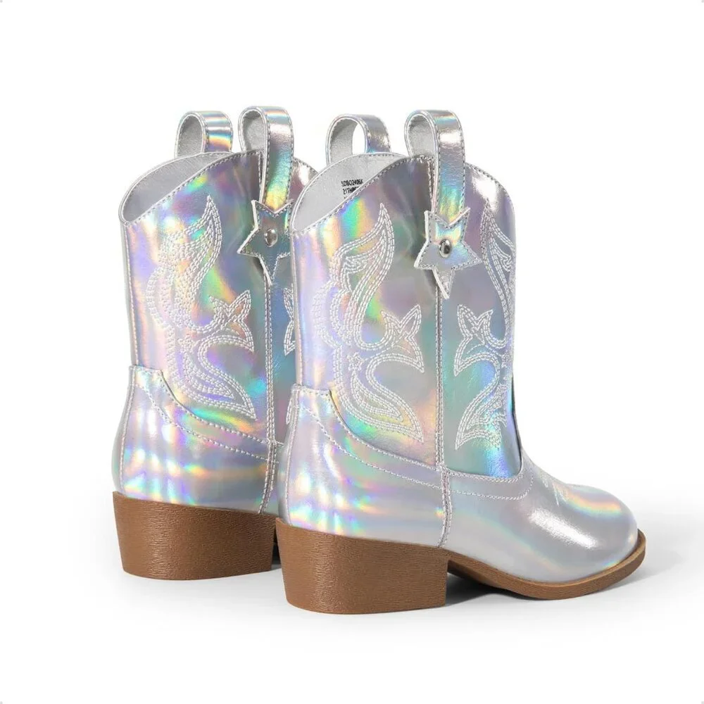 ⚡Girls Silver Cowgirl Boots With Low Heel Western Embroidered Fashion Mid Calf
